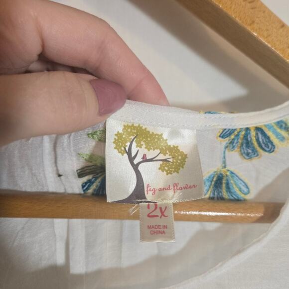 Anthropologie Fig and Flower Embroidered Boho Blouse 2X Summer Bell Sleeves Top - Picture 4 of 9